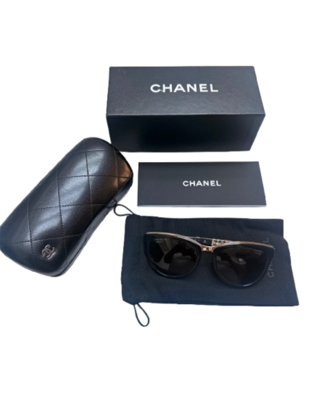 Chanel 5361-Q Polarized Cat Eye Sunglasses Black Gold Leather Chain